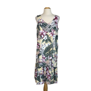 HILO HATTIE Women M‎ Cotton Blend Drop Waist Vneck Dress Tropical Hawaii Resort